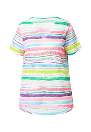 T-shirt à manches courtes et décolleté en V avec des rayures horizontales multicolores en rose, vert, violet et bleu, dotée d'une finition douce et texturée.