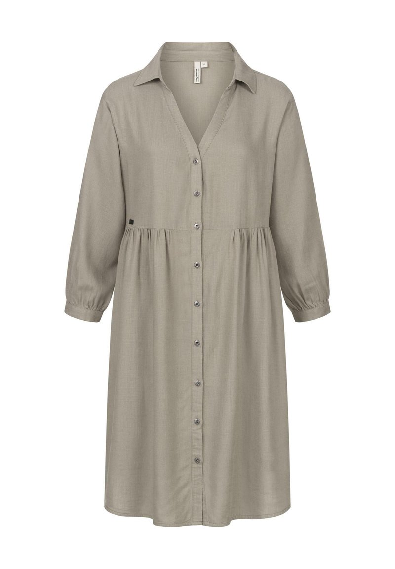 Harmaa nappikauluspaita, jossa on kaulukset, 3/4-hihat ja kerätty vyötärö. Sen pinta on pehmeä ja hieman A-linjainen.