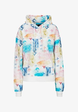 Kapuzenshirt aus weichem Stoff mit einem mehrfarbigen Aquarellmuster. Verfügt über weiße Ärmelbündchen und Saum, eine Kordel und markenspezifische Logo-Elemente.
