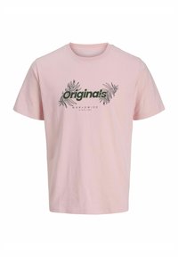 Svijetlopinkasta pamučna majica kratkih rukava, s crnim grafičkim natpisom "Originals" i dizajnom lišća preko prsa.