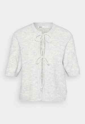 Light gray cardigan featuring short sleeves, a round neckline, and a tied front closure. Made of soft, textured fabric with a subtle pattern.