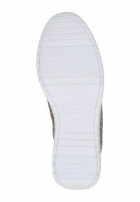 Semelle en caoutchouc blanc avec des rainures et des cannelures pour une meilleure adhérence. Présente un motif texturé et une marque embossée sur le côté.