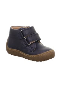 Marineblaue Lederstiefeletten mit doppelten Klettverschlüssen, brauner strukturiertem Gummisohle, runder Zehenpartie und genähten Akzenten im oberen Bereich.