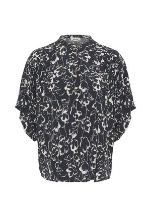 Tumedat laevansinist värvi pluus, millel on valge lillemuster, lühikesed varrukad, ääristatud krae ja ees nupuga kinnitusega. Pehme kangas.