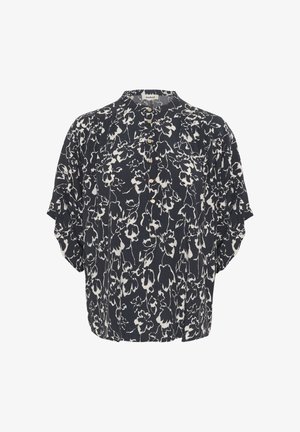 Tumedat laevansinist värvi pluus, millel on valge lillemuster, lühikesed varrukad, ääristatud krae ja ees nupuga kinnitusega. Pehme kangas.