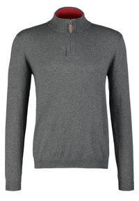Pull gris à manches longues pour homme avec une fermeture éclair au quart et une doublure intérieure de col rouge.