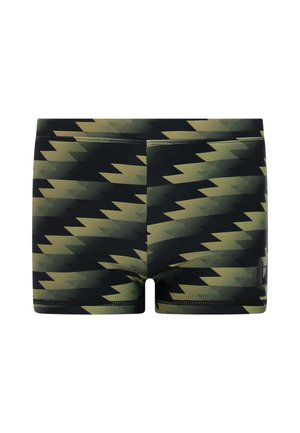 Strakke zwembroek met zwart-olijfgroen zigzagpatroon en een klein logo aan de onderkant van de rechterkant.