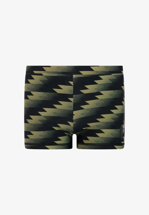 Strakke zwembroek met zwart-olijfgroen zigzagpatroon en een klein logo aan de onderkant van de rechterkant.