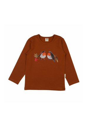 Long-sleeve rust-colored shirt featuring a graphic of two birds on a branch with foliage and red berries, made from soft cotton material.