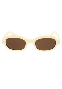 Gafas de sol amarillas claras con lentes marrones ovalados. La montura es lisa y un poco gruesa, con patillas curvas para un ajuste seguro.