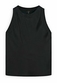 Sort ærmeløs top lavet af glat stof, med rund hals, brede stropper og en afslappet pasform. Ingen synlige mønstre eller detaljer.