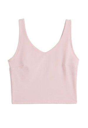 Lyserød ærmeløs croptop med V-hals og brede skulderstropper, designet til afslappet brug.