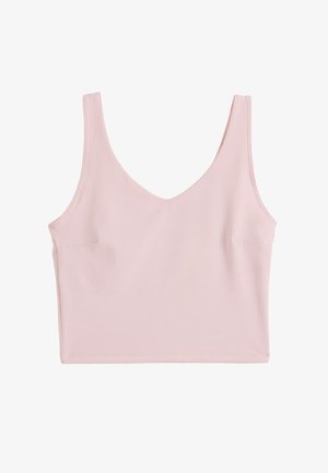 Top corto sin mangas de color rosa claro con escote en V y tirantes anchos, diseñado para uso casual.