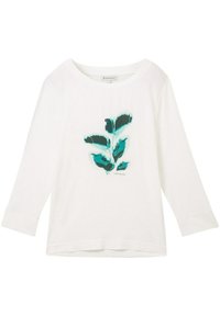 Camicia bianca a maniche lunghe con scollatura rotonda, caratterizzata da una stampa di foglie turchesi sul davanti. Tessuto morbido con una vestibilità rilassata e polsini arrotolati.
