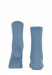 Blaue gerippte Socken aus einem weichen Material, mit einer leicht schimmernden Textur, in Standardlänge und mit elastischen Bündchen.