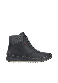 Bottes de cheville en cuir noir avec un col texturé à motif gris, un design à lacets, des coutures contrastantes et une semelle en caoutchouc pour une meilleure adhérence.