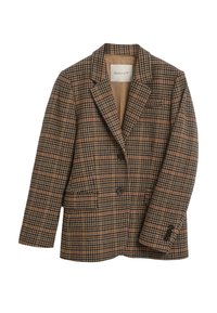 Blazer à carreaux marron avec deux poches avant, revers crantés et fermeture à deux boutons. Fabriqué en tissu texturé avec des boutons et une doublure foncés.
