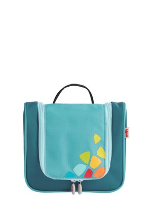 Teal and blue fabric bag with a zip closure and handle, featuring a colorful geometric pattern in yellows, oranges, and greens.