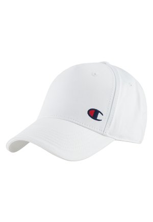 Gorra de béisbol de algodón blanco con visera curva y logotipo bordado en rojo, azul y blanco en el frente. Cuenta con un diseño de seis paneles y parte trasera ajustable.