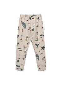 Kevyt beige leggingit, joissa on leikkisä vesiaiheinen kuvio, jossa on valaita, kaloja, meduusoja ja koralleja vihreissä, sinisissä ja vaaleanpunaisissa sävyissä. Elastinen vyötärö.