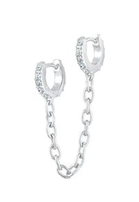 Sidabriniai auskarai-žiedai su skaidriais cirkoniais palei kraštą, sujungti metaliniu grandinės. Lygus paviršius su poliruota tekstūra.