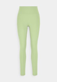Legginsy wysokiego stanu w jasnym zielonym kolorze, wykonane z elastycznego materiału. Charakteryzują się gładką teksturą i dopasowanym krojem.