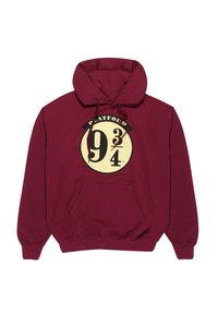 Sudadera color marrón burdeos con un bolsillo frontal, que presenta un gráfico circular que dice "Plataforma 9¾" en crema y negro. Fabricada en tela suave.