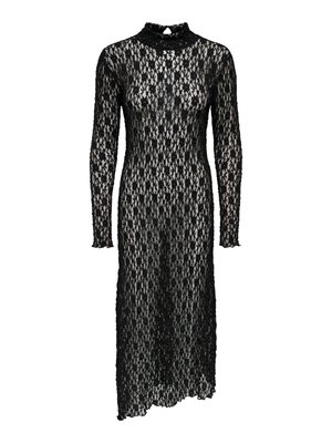 Musta pitsimekko, jossa pitkät hihat, korkeakaulus ja lattiaan ulottuva malli. Mekossa on kuvioitu kukkakuosi ja nyöritykset reunoissa.