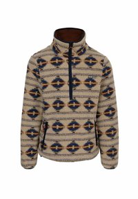 Fleece pullover in taupe met een patroon van blauwe en bruine diamanten. Voorzijde met rits en zijzakken. Hoge kraag.