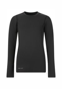 Schwarzes Langarmshirt aus schnelltrocknendem Material mit Rundhalsausschnitt und Nahtakzenten an den Schultern und Seiten. Mit einem Logo-Detail.