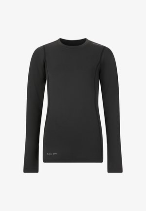 Chemise noire à manches longues en matériau à séchage rapide, avec un col rond et des accents de couture au niveau des épaules et des côtés. Présente un logo.