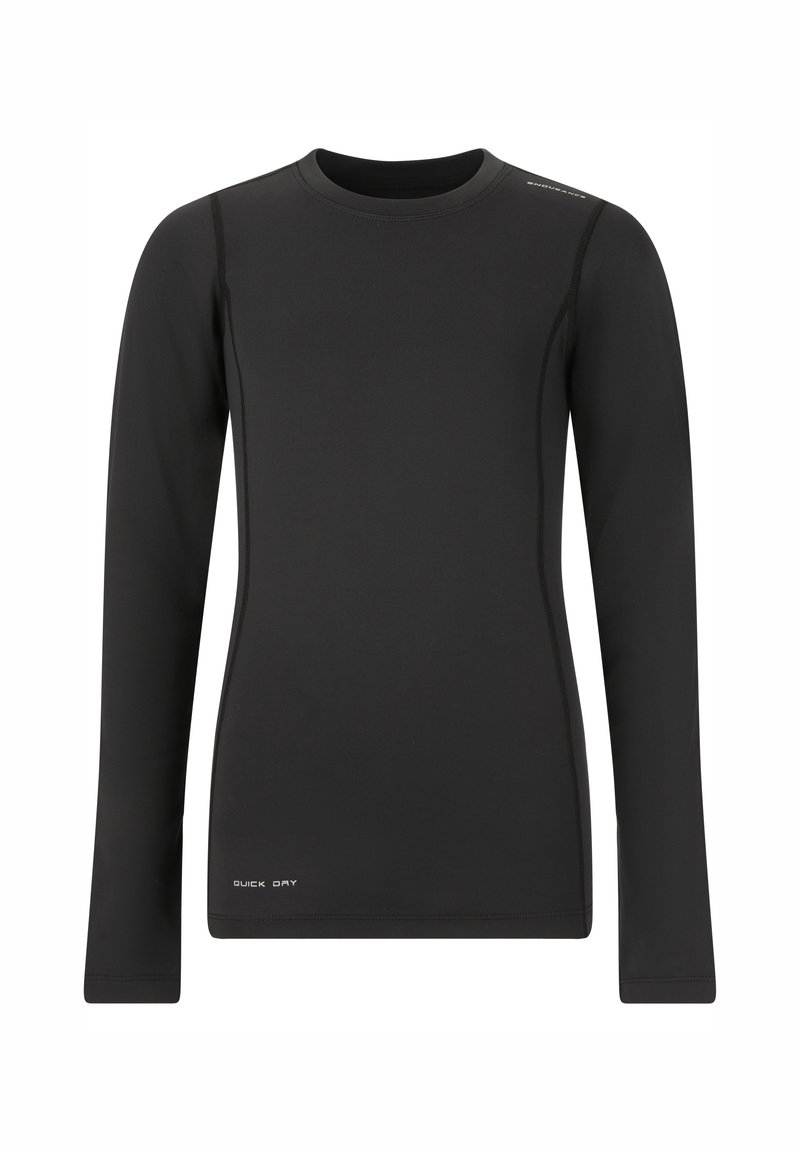 Schwarzes Langarmshirt aus schnelltrocknendem Material mit Rundhalsausschnitt und Nahtakzenten an den Schultern und Seiten. Mit einem Logo-Detail.