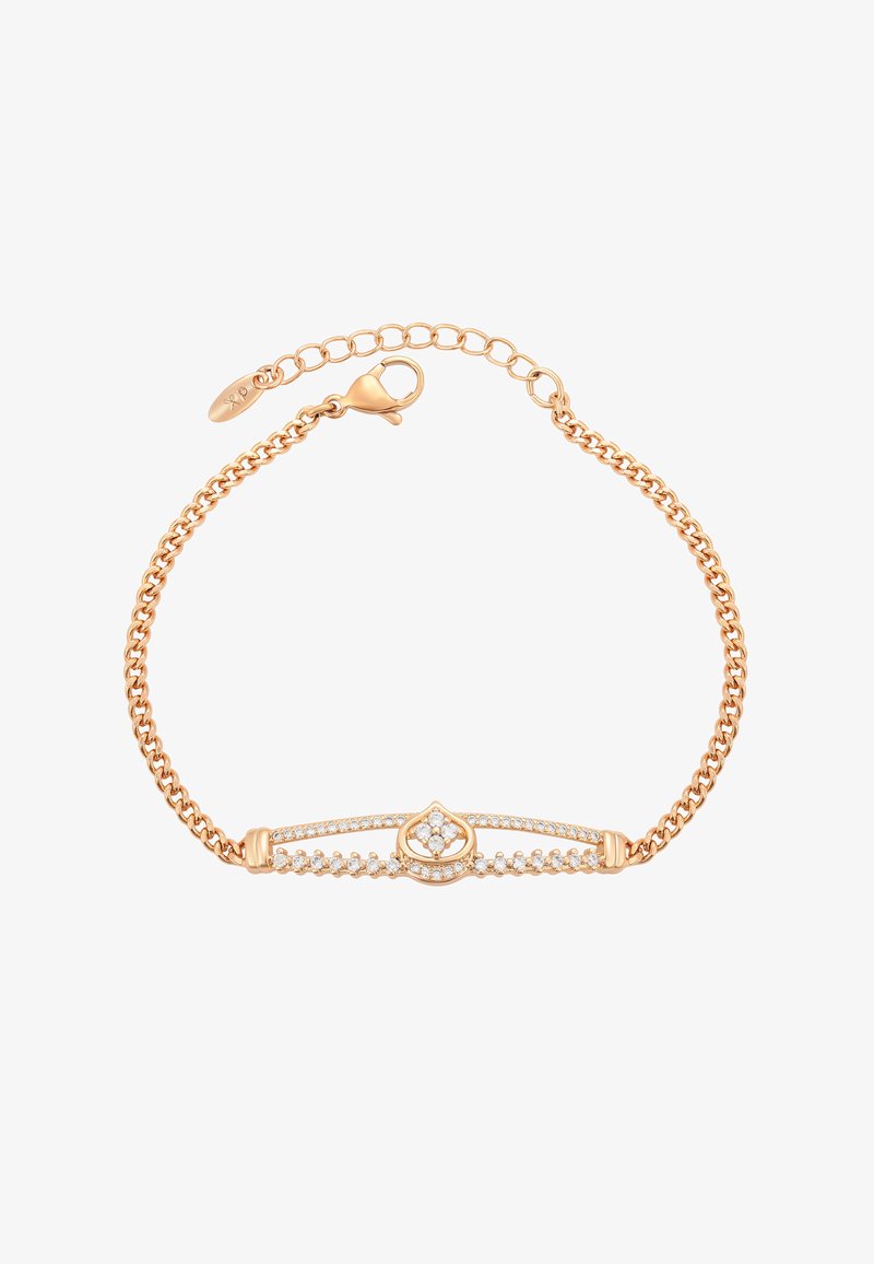 Rózsaarany lánc karkötő gyémántokkal díszített geometrikus középrésszel és állítható homárkapoccsal.