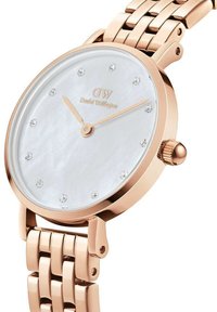 Rose gold wristwatch with a round mother-of-pearl dial, 12 crystal hour markers, and a linked metal bracelet. Features a crown on the side.