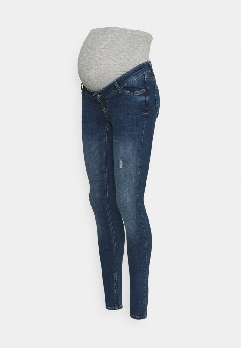 Maternity jeans in dark blue denim feature a stretchy grey belly panel, skinny fit, subtle distressing, and a classic five-pocket design.
