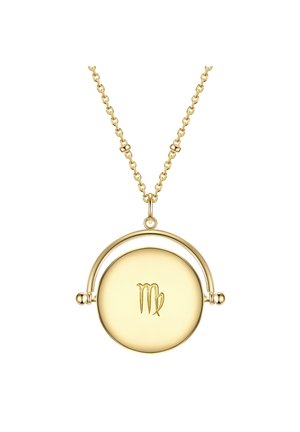 Goldene Halskette mit einem runden Anhänger, der ein graviertes Jungfrau-Symbol zeigt. Die Kette hat ein strukturiertes Muster und abgerundete Glieder.