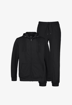 Zwarte rits-hoodie met kangoeroezakken en bijpassende joggingbroek, beide in zachte stof met een elastische tailleband.