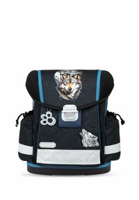 Black backpack featuring a wolf graphic and moon illustration, with blue accents, silver hardware, and mesh detailing. Side pockets included.