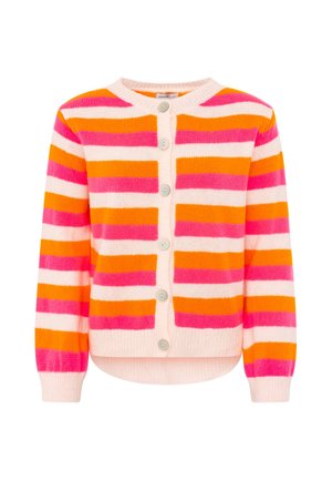 Geknöpfter Cardigan mit horizontalen Streifen in Pink, Orange und Weiß, mit langen Ärmeln und rundem Ausschnitt.