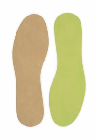 Brown and green insoles, with a textured surface, featuring a contoured shape designed for foot comfort and support.