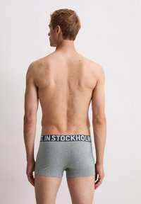 Grijze katoen boxershorts met een zwarte tailleband waarop de tekst "STOCKHOLM" staat, gezien vanaf de achterkant, met een gladde stof en een aansluitend ontwerp.