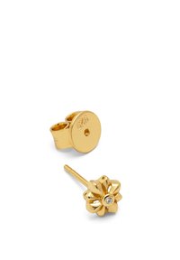 Boucles d'oreilles en or avec un design floral et une pierre centrale. Texture lisse avec une finition polie et un maintien sécurisé. Forme légèrement incurvée.
