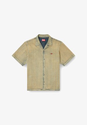 Short-sleeve denim shirt in light beige, featuring a button-up front, pointed collar, and subtle logo embroidery on the chest.