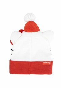 Berretto di maglia bianca con risvolto rosso e pom-pom in cima, decorato con baffi e orecchie di gatto nero, con il marchio "Hello Kitty" sul risvolto.