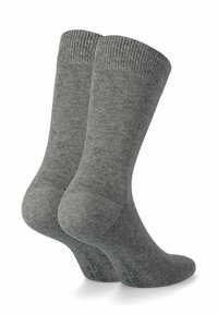 Szare bawełniane skarpetki z prążkowanym ściągaczem, gładką fakturą i wzmocnioną piętą. Widoczne logo w pobliżu kostki.