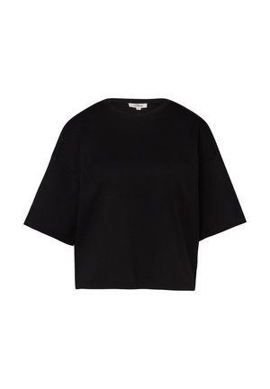 Schwarzes übergroßes T-Shirt mit kurzen Ärmeln, Rundhalsausschnitt und geradem Saum, auf weißem Hintergrund präsentiert.