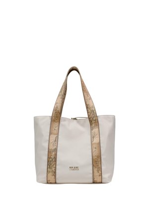 Sac fourre-tout crème avec poignées à motifs de carte et petit logo métallique centré sur le devant.