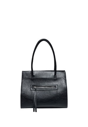 Sac à main en cuir noir avec deux poignées et une poche avant zippée avec des tirettes en cuir.