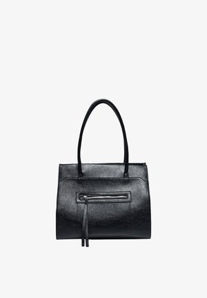 Sac à main en cuir noir avec deux poignées et une poche avant zippée avec des tirettes en cuir.