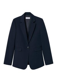 Blazer marine avec des revers crantés, fermeture à un bouton, deux poches avant et tissu lisse. Coupe ajustée avec des manches longues.